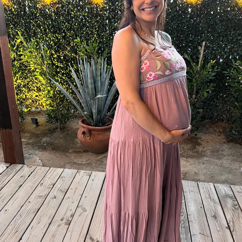 Mauve Floral Embroidery Maternity Maxi Dress